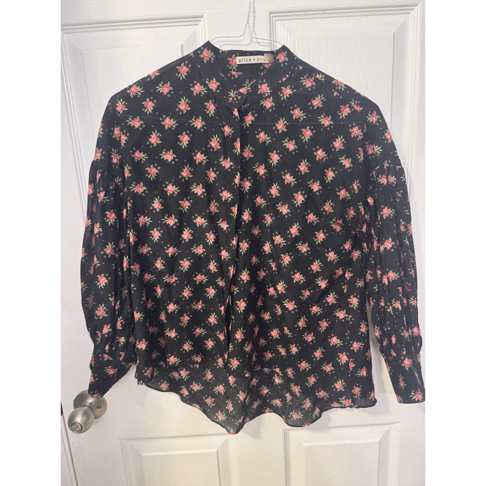 Alice And Olivia Paulita Floral Mandarin Collar Button Shirt Roses Women's Xs